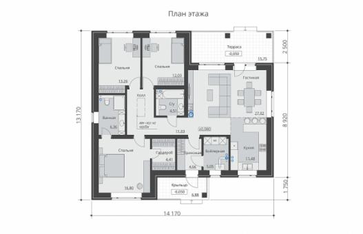 Одноэтажный дом с тремя спальнями и террасой